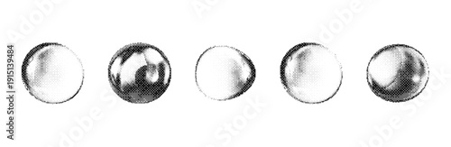 Set of five vector halftone spheres with trendy grain and stipple shading effect isolated on white background for modern aesthetic graphic design and retro futuristic projects