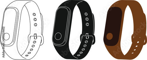 Modern fitness tracker smartwatches in various designs and black brown color schemes displayed together