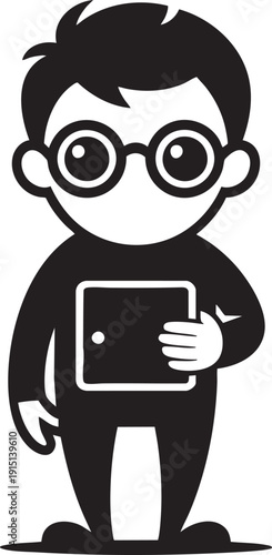 Cartoon boy with glasses holding tablet computer icon symbol of education technology and learning vector