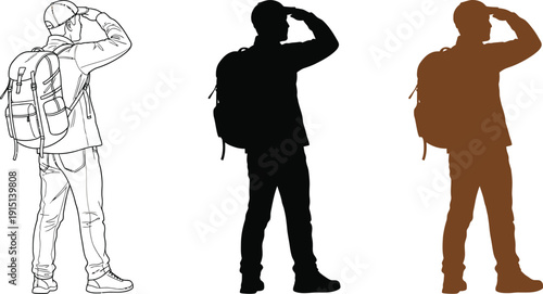 Hiker with backpack looks into the distance in various artistic styles and silhouettes