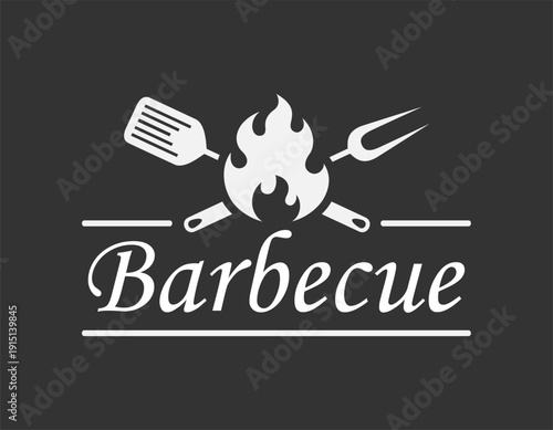 Barbecue logo graphic design template. Grill bar symbol. Sign crossed barbecue tools and flame isolated on black background. Vector illustration