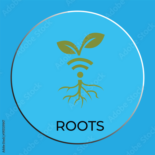 Smart Agriculture Concept Icon: Plant with Roots and Wi-Fi Signal Symbol on Blue Background