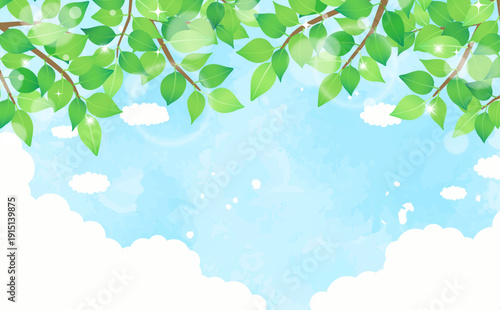 新緑と青空の背景3_横