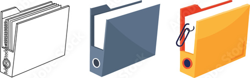 Various colored ring binders with papers and paperclip on a white background