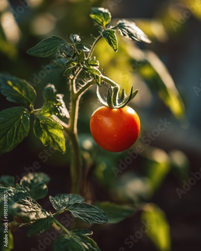 Single red tomato ripening on green vine in a garden, sunlit foliage, soft bokeh background