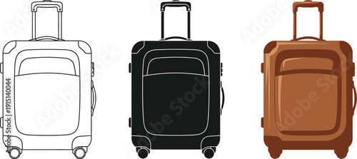 Modern suitcase designs in outline, black, and brown color variations for travel enthusiasts worldwide daily