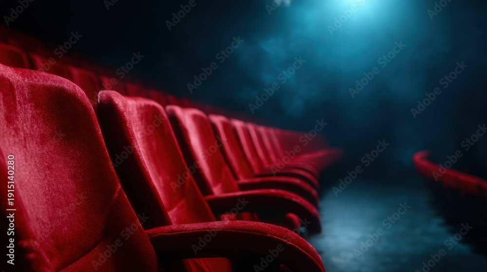 Fototapeta premium The image showcases plush red theater seats arranged in a dimly lit space, creating an inviting and intimate atmosphere for moviegoers and theater enthusiasts.