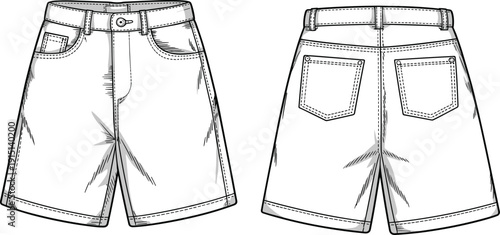Denim shorts CAD drawing, flat technical sketch, vector apparel template, front and back view of casual jean shorts for fashion design