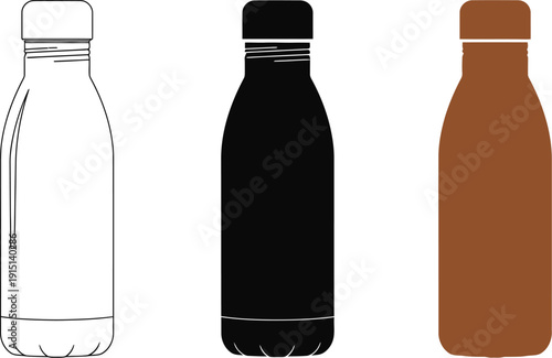 Three insulated water bottles in outline black and brown color variations displayed