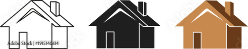 Simple house icons depicted in various styles including outline monochrome and colored designs