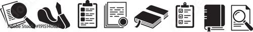 Collection of study and research icons magnifying glass document pen clipboard book notepad
