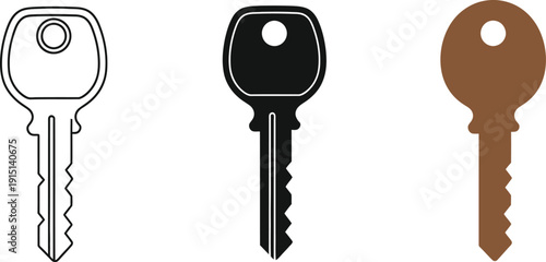 Collection of three house keys in different styles and colors with unique designs