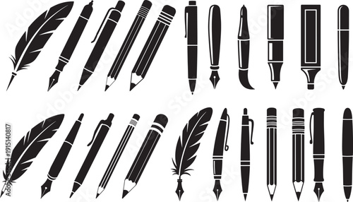 Collection of writing instruments including pens pencils feathers and markers for creative work