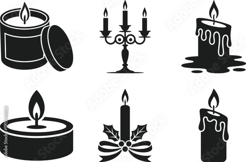 Candle Silhouette Collection with Burning Wax, Candelabra and Decorative Icons