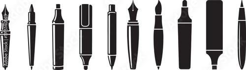 Comprehensive collection of pens and markers black and white icons for office and art projects
