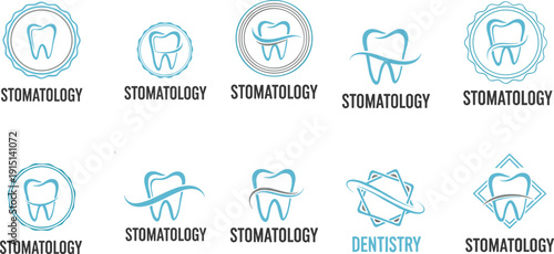 Dentistry logo collection, stomatology icons, dental care symbols, healthy tooth design, modern dental emblem set, oral hygiene branding template