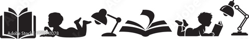 Early childhood literacy concepts with silhouettes of child reading and adjustable desk lamps