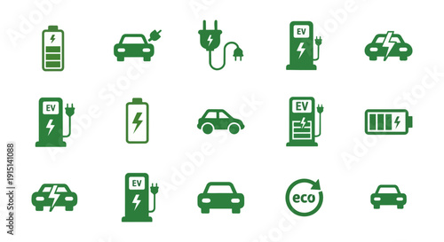 Electric vehicle charging icon set – EV car, battery, charger and eco transport symbols