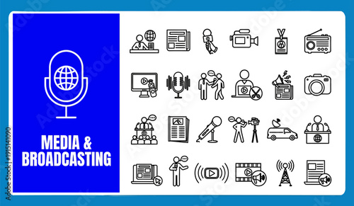 Media Broadcasting News Communication Line Icons Vector Set – Television Radio Satellite Podcast Journalist Camera Press Newspaper Antenna Outline Icon Pack UI Web App