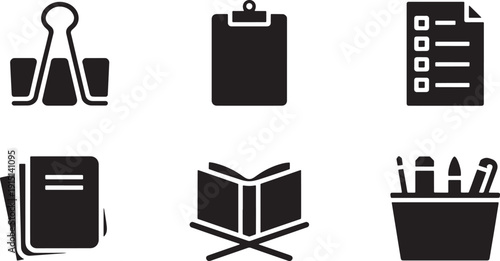 Educational office supply icon set featuring binder clips clipboards books and pencil holders