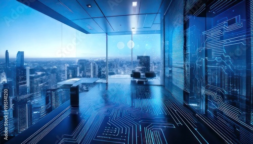 Futuristic office interior with city view and circuit board design.