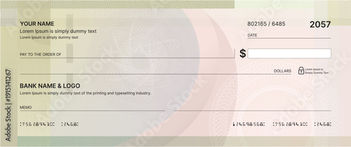 Blank bank check, checkbook cheque template or money payment paper voucher, vector mockup. Business or personal account cash pay cheque certificate or paycheck coupon from checkbook