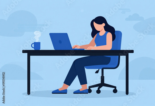 Businesswoman working on a laptop in a modern office setting. Young freelancer woman working with laptop at home. Office work concept illustration with female office worker.