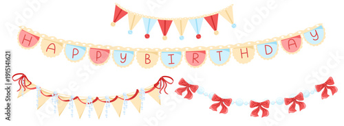 Vintage party garland with flags, pastel colored pennants and bunting. Isolated retro celebration elements for invitations, greeting cards, event banners, scrapbooking, stickers, printable designs