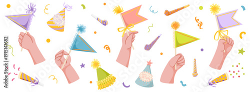 Hands holding festive flags and party decorations with confetti and birthday hats. Hand drawn celebration elements set for invitations, event banners, greeting card, planner, sticker, scrapbook design