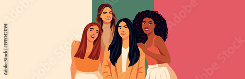 March 8, Women's Day. Happy women of different cultures, skin colors stand together, hug each other. Equality, diversity, women's empowerment. Vector banner with space for text. For women's projects