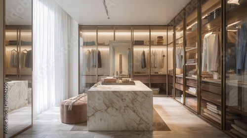 luxury walk-in closet interior with custom built-in wardrobes, glass display cabinets, soft integrated LED lighting, central island with marble top, floor-to-ceiling mirrors