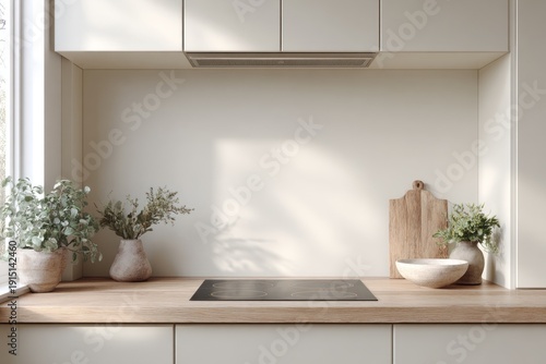 Stove and backsplash wall are central in this farmhouse kitchen. Light wood countertop holds a cutting board and herbs, offering an uncluttered look