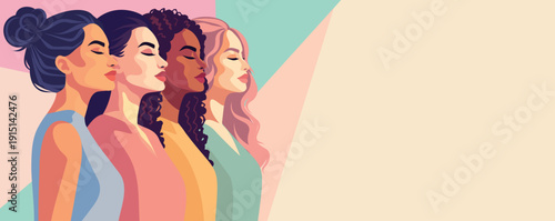 March 8, Women's Day. Women of different cultures, skin colors stand together. Gender equality, protest, diversity, women's empowerment. Vector banner for women's projects in a soft, delicate palette