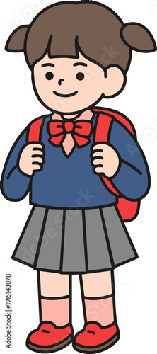 Full body shot of a schoolgirl in uniform with a backpack
