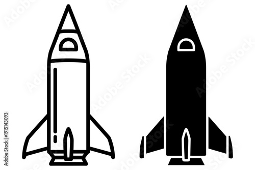 Simple Black and White Rocket Ship Illustration on White Background