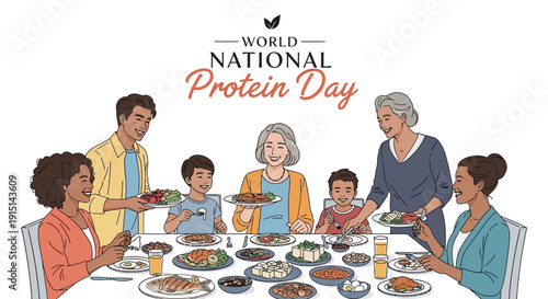 Illustration of a diverse family enjoying a meal together on World National Protein Day with protein rich foods, promoting balanced diet and nutritional awareness.