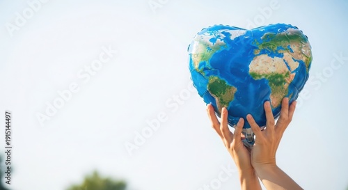 Two hands holding a heart shaped earth balloon against a bright blue sky symbolizing love for the planet and global unity.