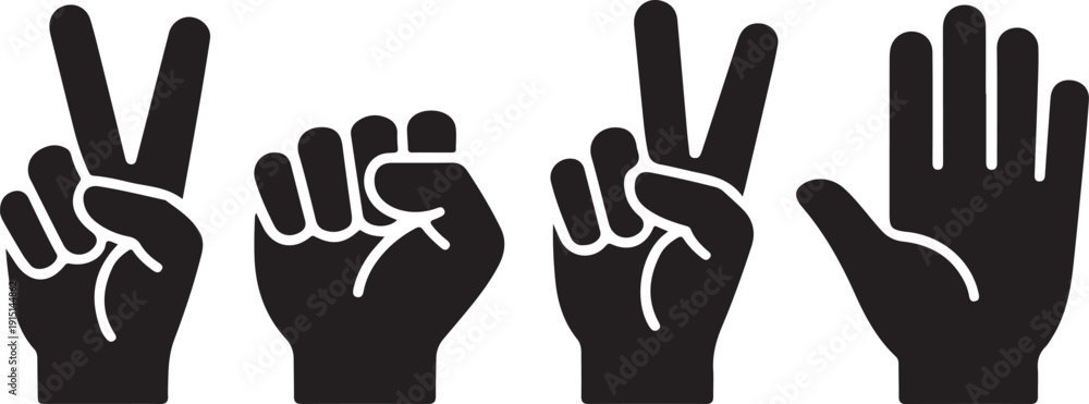 Fototapeta premium Four black hands with different gestures on white background
