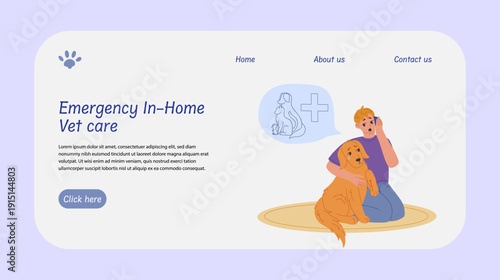 Veterinary house call web banner or landing page. Concerned pet owner calls a vet clinic as an injured dog waits at home. In-home animal healthcare service concept for websites, apps