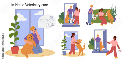 Pet owner calling a veterinarian. In-home veterinary care for injured dog, medical treatment and support. Vector cartoon illustration for pet care services, clinics and emergency vet websites