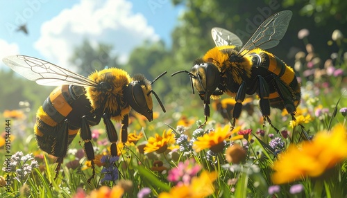 Bees in a field of flowers on a sunny day.