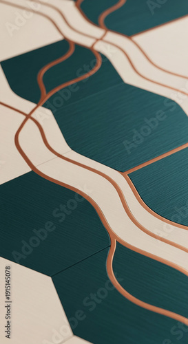 Close-up of geometric pattern with dark teal, beige, and brown curved lines, representing modernity and sophistication, suitable for decorative concept