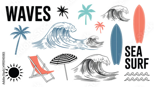 Beach and sea icons with waves and palm trees