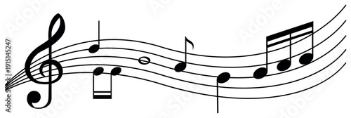 Abstract musical vector illustration featuring a black treble clef and melody notes on a swirling stave pattern for a classical song sheet design element