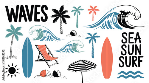 Beach vacation icons with surfboards palm trees and waves on white background