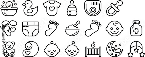 Baby care outline icon set, newborn essentials symbols including toys, feeding, hygiene and nursery elements isolated on white