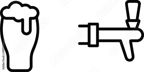 Beer glass and draft tap icon set, brewery beverage symbols, outline vector illustration isolated on white background