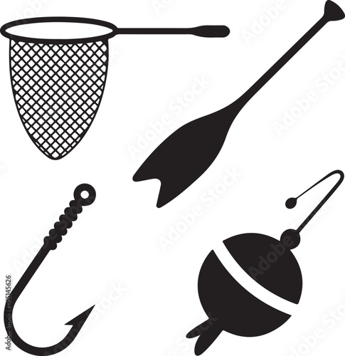 Four black fishing gear including a net, hook, lure, and paddle