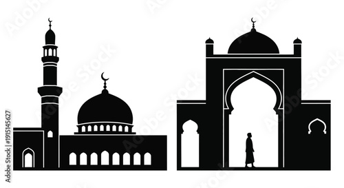 Islamic architecture featuring a mosque and gateway black silhouette