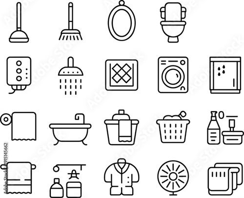 Bathroom and cleaning line icon set, household hygiene equipment symbols including shower, toilet, sink and laundry appliances